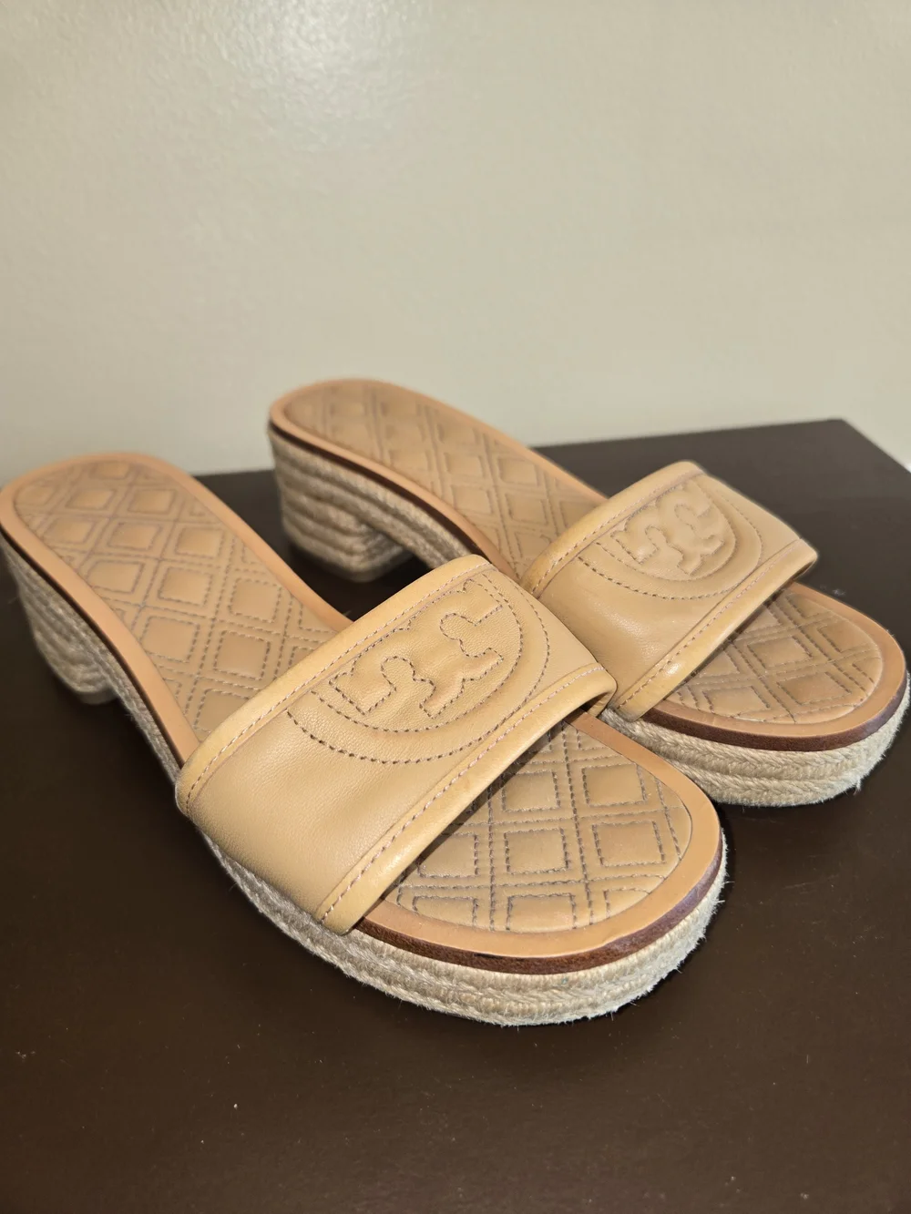 Tory Burch Tan Leather Espadrille Slide Sandals